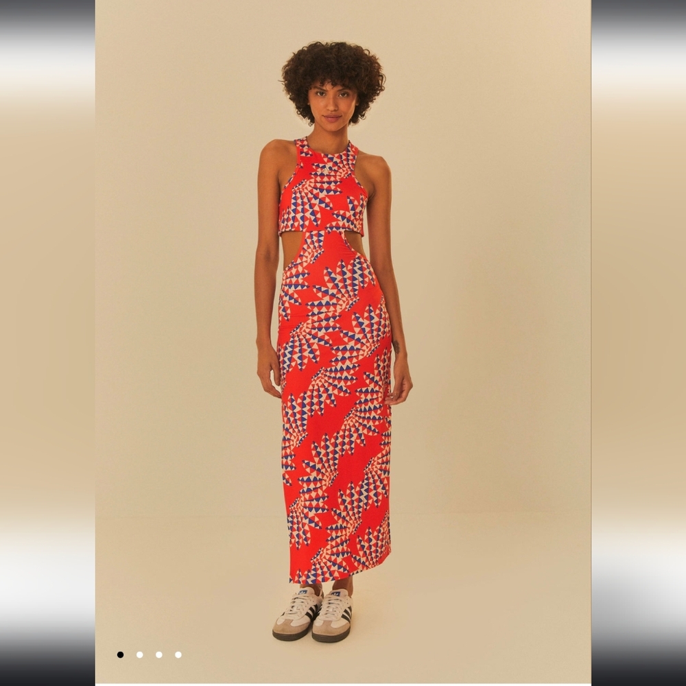 BNWT Adidas X Farm Rio Psychedelic Red Wave Maxi Halter Sundress Resort Wear